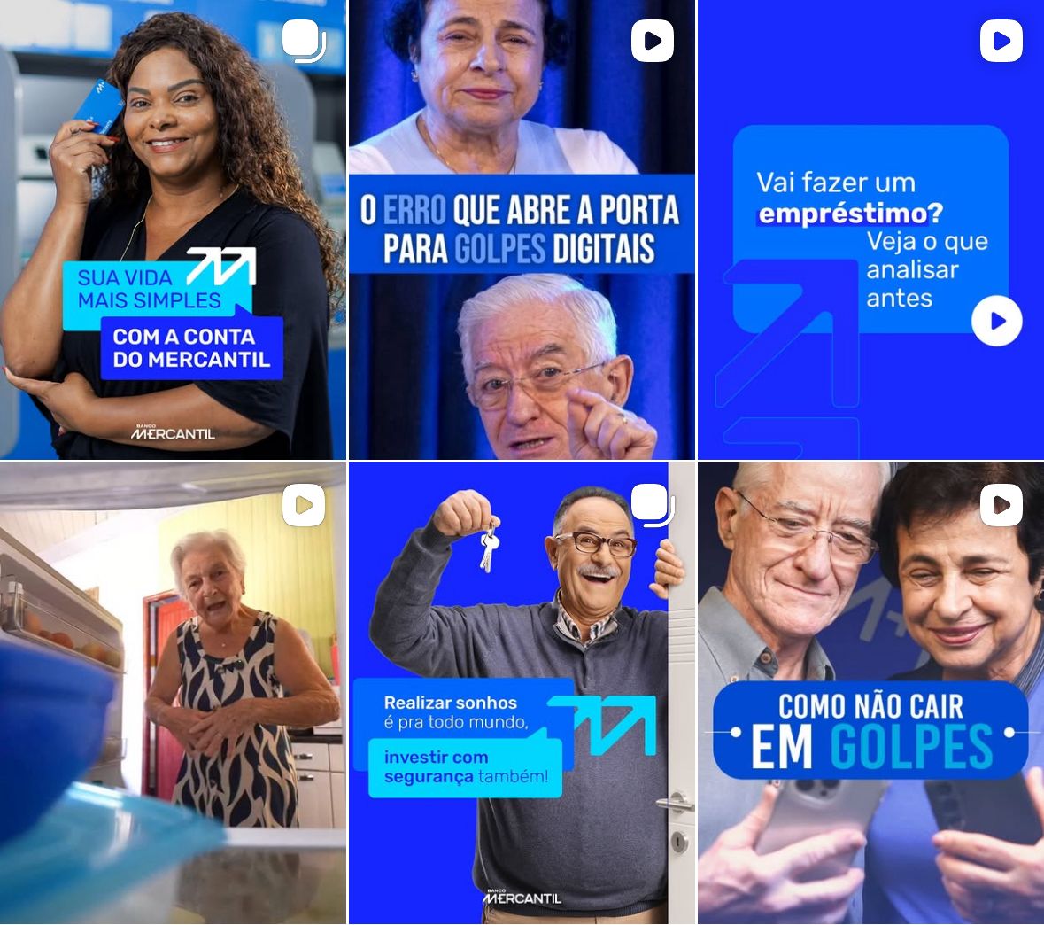 Mosaico com seis posts de feed do Banco Mercantil sobre educação financeira e segurança. As imagens mostram pessoas de diferentes idades, com destaque para o público idoso, sorrindo e interagindo com cartões, chaves e celulares. Os posts contêm textos informativos sobre simplificar a vida financeira, prevenção contra golpes digitais, dicas para empréstimos e investimentos seguros, todos utilizando a identidade visual da marca em tons de azul e branco.