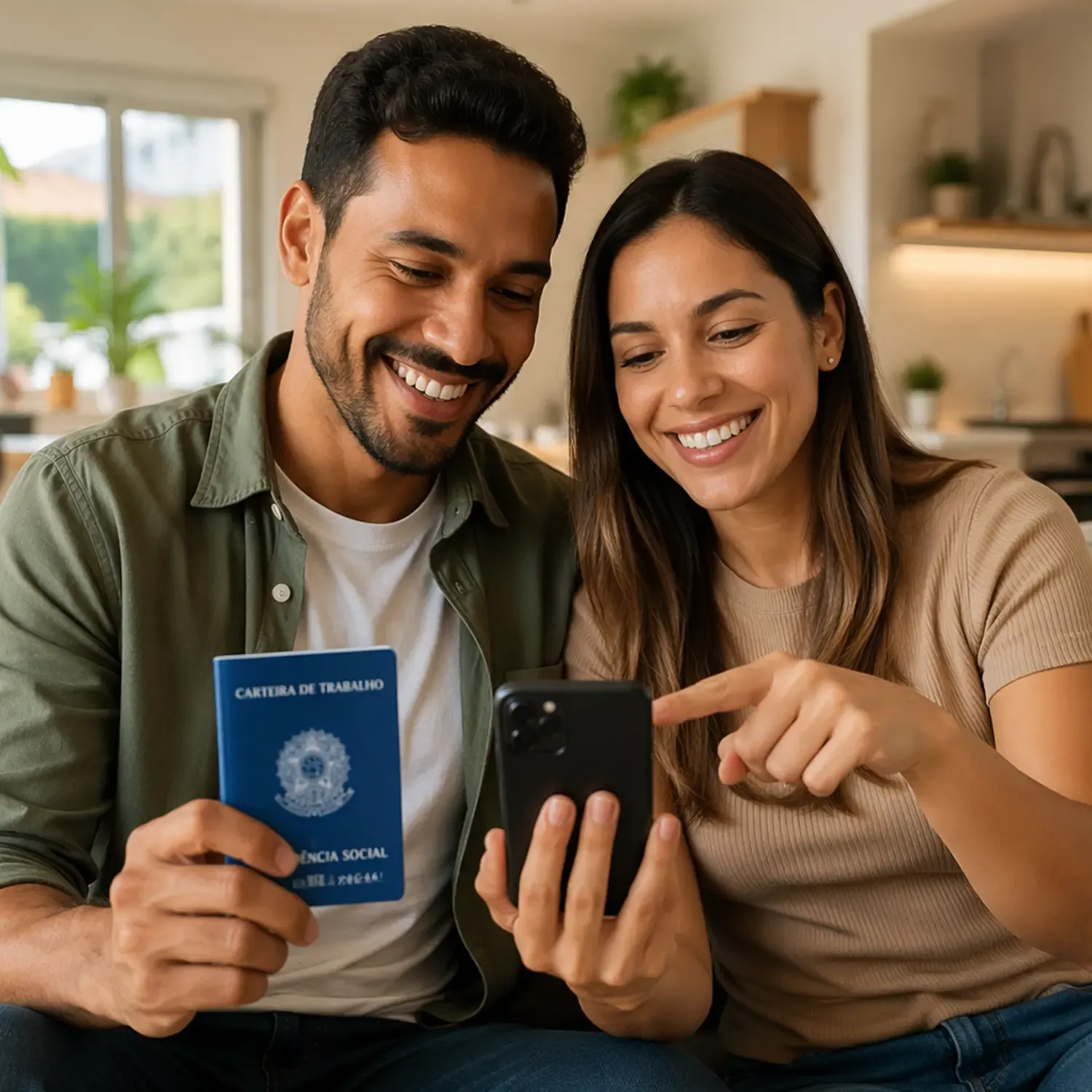 Casal jovem e sorridente olha para a tela de um celular. O homem segura uma Carteira de Trabalho f&iacute;sica, representando o trabalhador com carteira assinada (CLT).