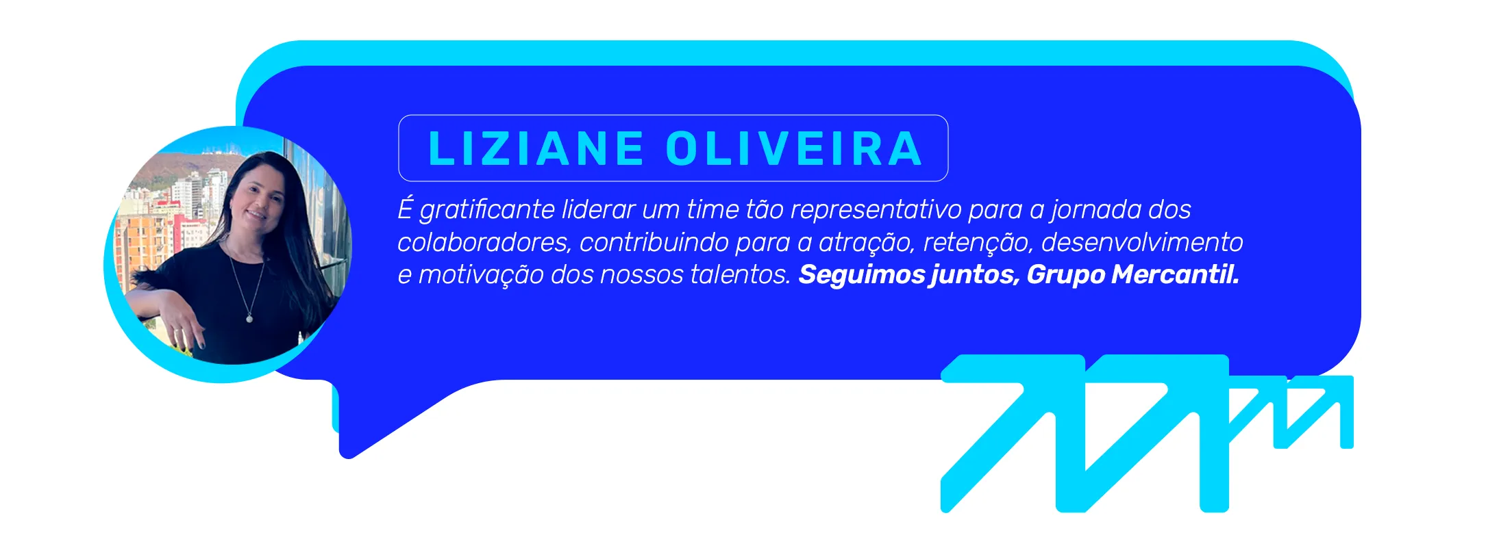 Banner azul com depoimento sobre lideran&ccedil;a e foto circular de Liziane Oliveira.